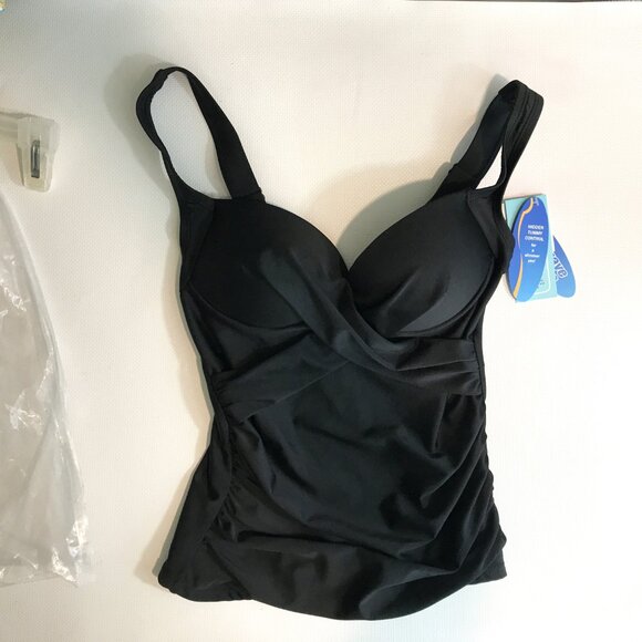 Tummy Control Ruched Side Push-Up Tankini Top Black S - Picture 8 of 11